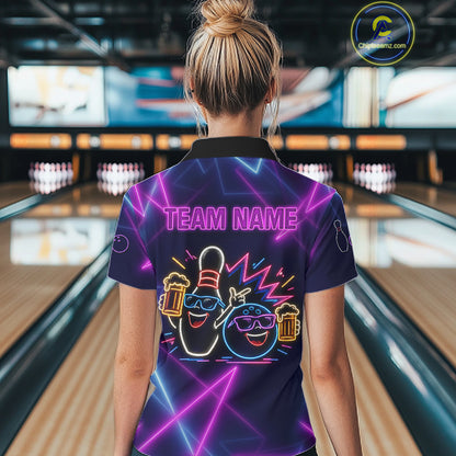 Purple & Blue Neon Light Bowling Ball & Pin Shirts For Women Custom Funny Drunk Bowling Team Jerseys NYN4367