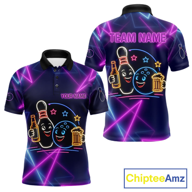 Custom Purple & Blue Neon Light Bowling Ball & Pin Shirts For Men Funny Drunk Bowling Team Jerseys NYN4368