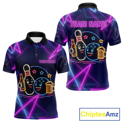 Custom Purple & Blue Neon Light Bowling Ball & Pin Shirts For Men Funny Drunk Bowling Team Jerseys NYN4368