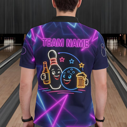 Custom Purple & Blue Neon Light Bowling Ball & Pin Shirts For Men Funny Drunk Bowling Team Jerseys NYN4368