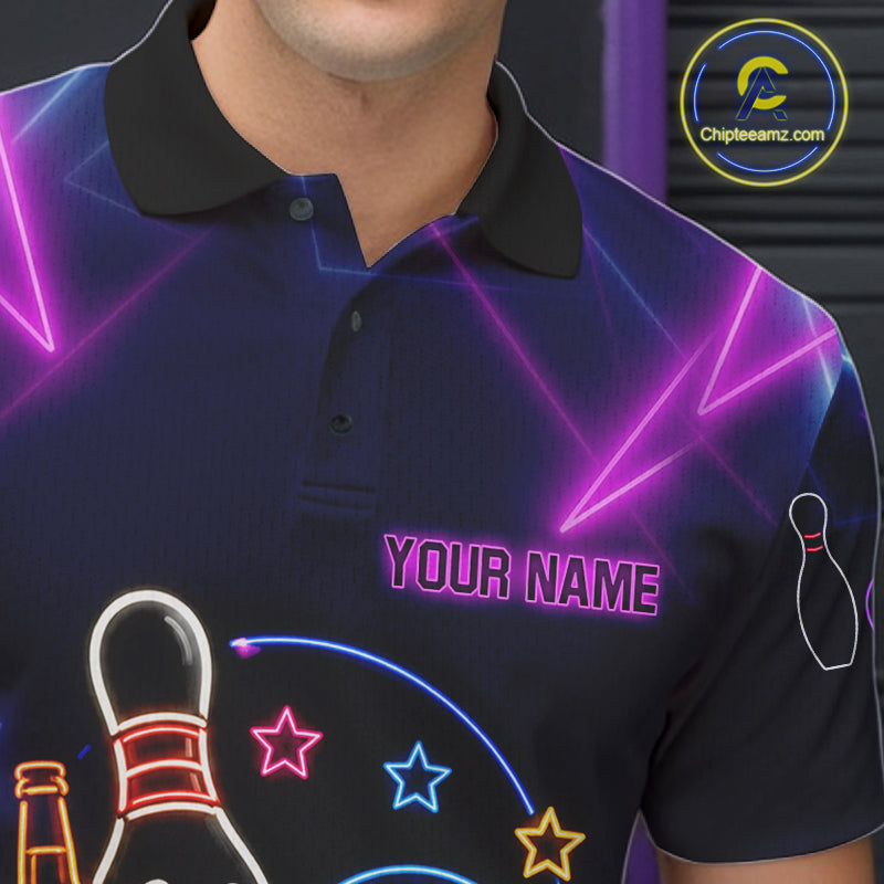Custom Purple & Blue Neon Light Bowling Ball & Pin Shirts For Men Funny Drunk Bowling Team Jerseys NYN4368