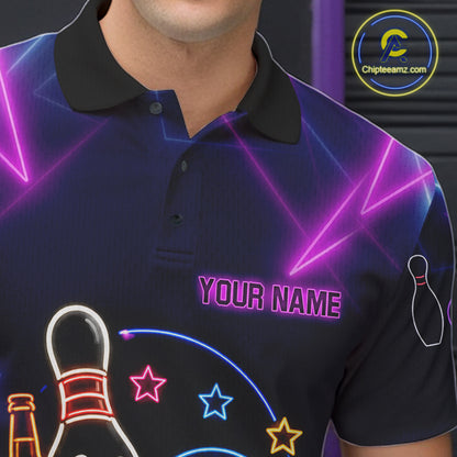 Custom Purple & Blue Neon Light Bowling Ball & Pin Shirts For Men Funny Drunk Bowling Team Jerseys NYN4368