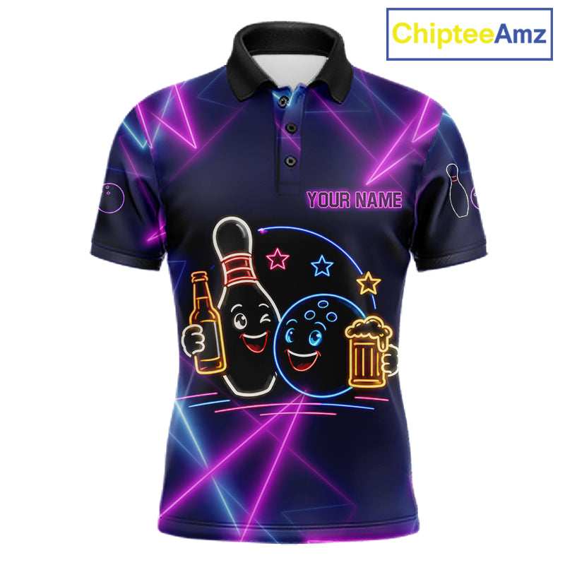 Custom Purple & Blue Neon Light Bowling Ball & Pin Shirts For Men Funny Drunk Bowling Team Jerseys NYN4368