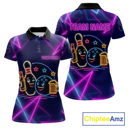 Custom Purple & Blue Neon Light Bowling Ball & Pin Shirts For Women Funny Drunk Bowling Team Jerseys NYN4368
