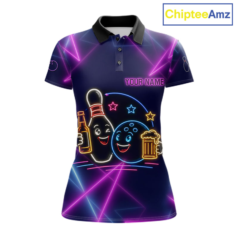 Custom Purple & Blue Neon Light Bowling Ball & Pin Shirts For Women Funny Drunk Bowling Team Jerseys NYN4368