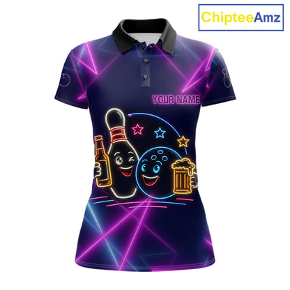 Custom Purple & Blue Neon Light Bowling Ball & Pin Shirts For Women Funny Drunk Bowling Team Jerseys NYN4368