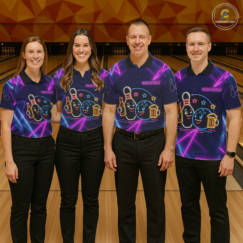 Custom Purple & Blue Neon Light Bowling Ball & Pin Shirts For Women Funny Drunk Bowling Team Jerseys NYN4368