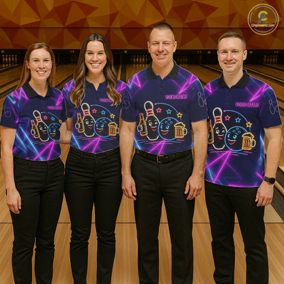 Custom Purple & Blue Neon Light Bowling Ball & Pin Shirts For Women Funny Drunk Bowling Team Jerseys NYN4368