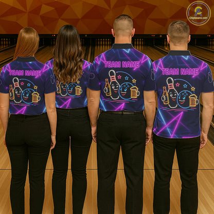 Custom Purple & Blue Neon Light Bowling Ball & Pin Shirts For Women Funny Drunk Bowling Team Jerseys NYN4368