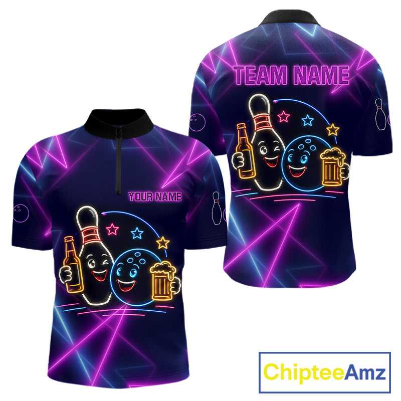 Custom Purple & Blue Neon Light Bowling Ball & Pin Shirts For Men Funny Drunk Bowling Team Jerseys NYN4368