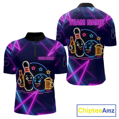 Custom Purple & Blue Neon Light Bowling Ball & Pin Shirts For Men Funny Drunk Bowling Team Jerseys NYN4368