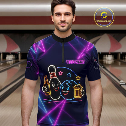 Custom Purple & Blue Neon Light Bowling Ball & Pin Shirts For Men Funny Drunk Bowling Team Jerseys NYN4368