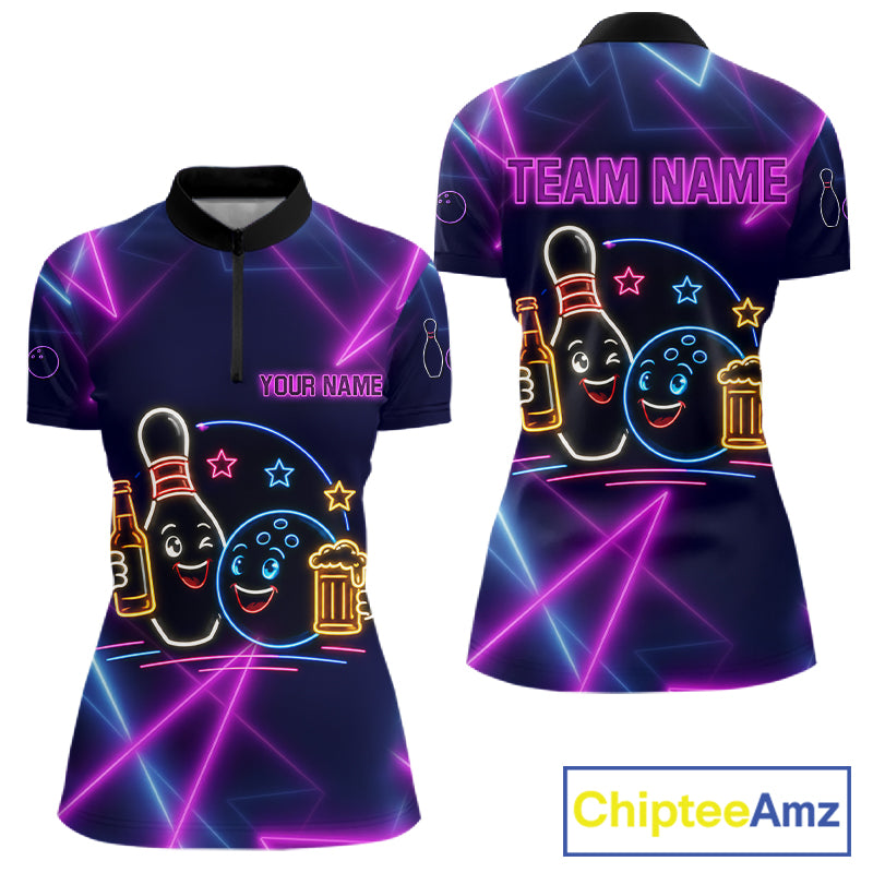 Custom Purple & Blue Neon Light Bowling Ball & Pin Shirts For Women Funny Drunk Bowling Team Jerseys NYN4368