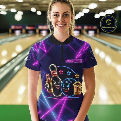 Custom Purple & Blue Neon Light Bowling Ball & Pin Shirts For Women Funny Drunk Bowling Team Jerseys NYN4368
