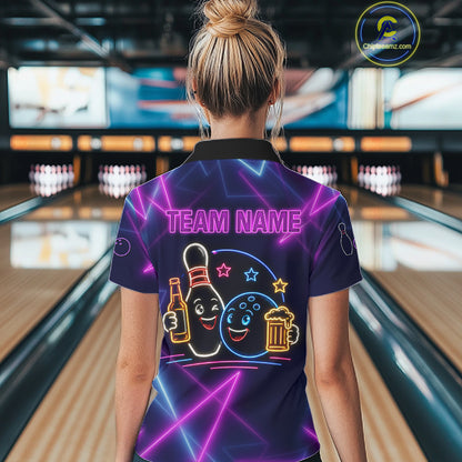 Custom Purple & Blue Neon Light Bowling Ball & Pin Shirts For Women Funny Drunk Bowling Team Jerseys NYN4368
