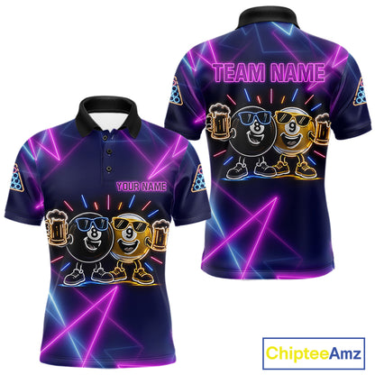 Custom Purple & Blue Neon Light Funny 8 Ball & 9 Ball Billiard Shirts For Men Billiard Team Jerseys NYN4369