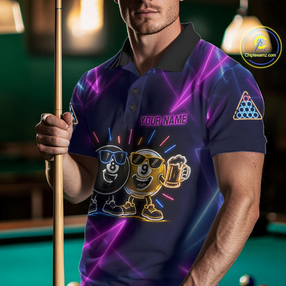 Custom Purple & Blue Neon Light Funny 8 Ball & 9 Ball Billiard Shirts For Men Billiard Team Jerseys NYN4369