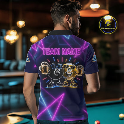 Custom Purple & Blue Neon Light Funny 8 Ball & 9 Ball Billiard Shirts For Men Billiard Team Jerseys NYN4369
