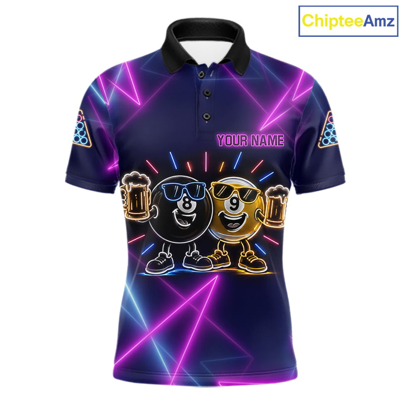 Custom Purple & Blue Neon Light Funny 8 Ball & 9 Ball Billiard Shirts For Men Billiard Team Jerseys NYN4369
