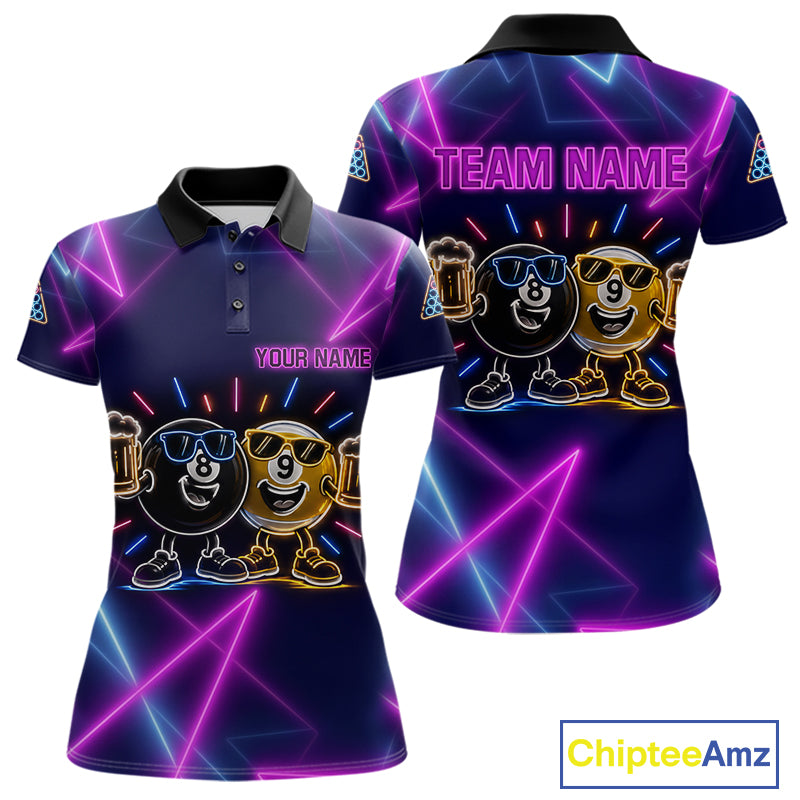 Custom Purple & Blue Neon Light Funny 8 Ball & 9 Ball Billiard Shirts For Women Billiard Team Jerseys NYN4369