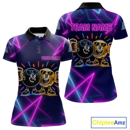 Custom Purple & Blue Neon Light Funny 8 Ball & 9 Ball Billiard Shirts For Women Billiard Team Jerseys NYN4369