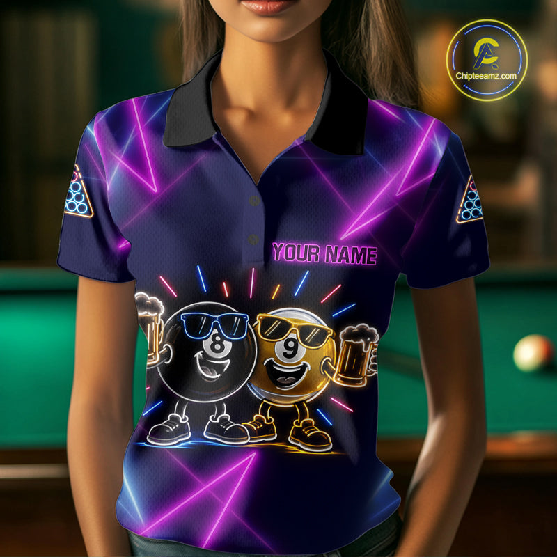 Custom Purple & Blue Neon Light Funny 8 Ball & 9 Ball Billiard Shirts For Women Billiard Team Jerseys NYN4369