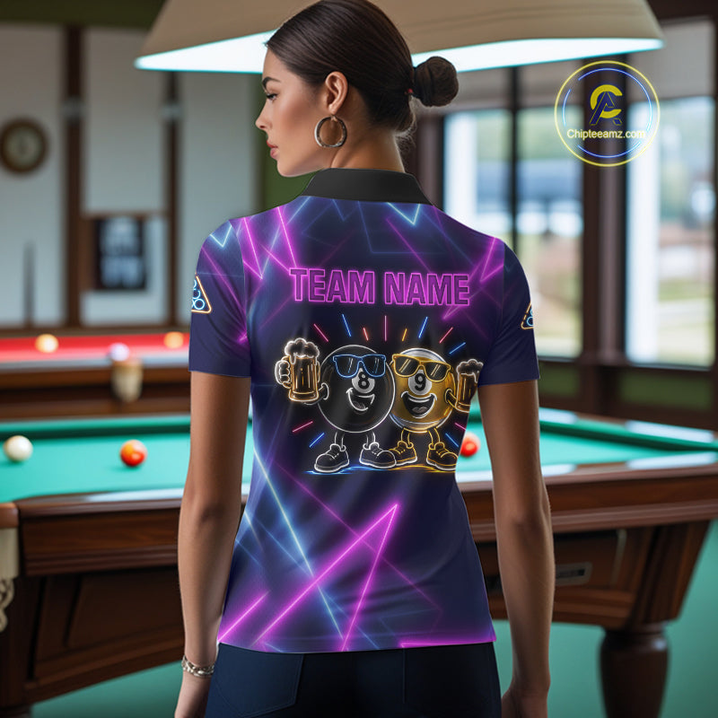 Custom Purple & Blue Neon Light Funny 8 Ball & 9 Ball Billiard Shirts For Women Billiard Team Jerseys NYN4369