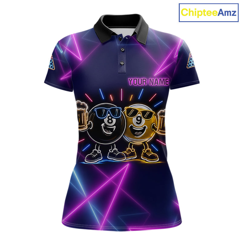 Custom Purple & Blue Neon Light Funny 8 Ball & 9 Ball Billiard Shirts For Women Billiard Team Jerseys NYN4369