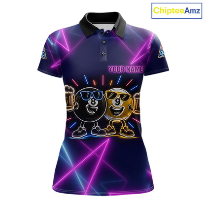 Custom Purple & Blue Neon Light Funny 8 Ball & 9 Ball Billiard Shirts For Women Billiard Team Jerseys NYN4369
