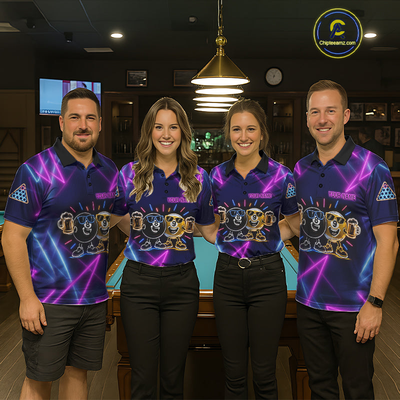 Custom Purple & Blue Neon Light Funny 8 Ball & 9 Ball Billiard Shirts For Men Billiard Team Jerseys NYN4369