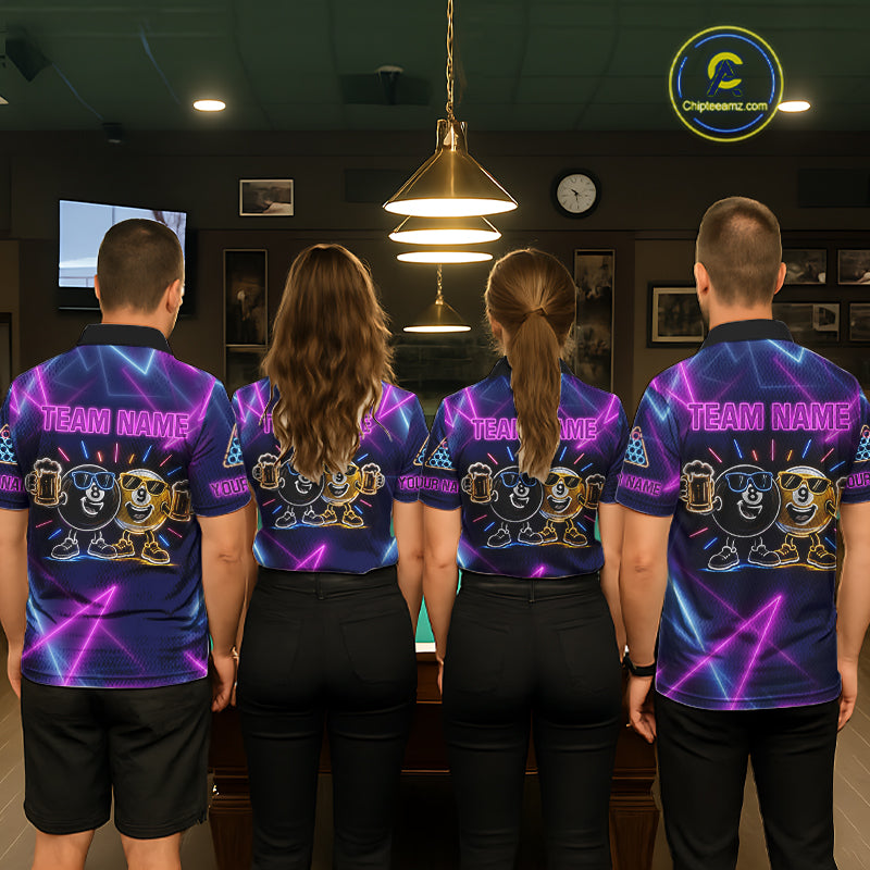 Custom Purple & Blue Neon Light Funny 8 Ball & 9 Ball Billiard Shirts For Men Billiard Team Jerseys NYN4369
