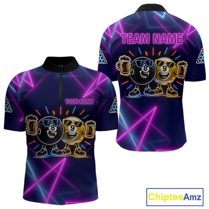Custom Purple & Blue Neon Light Funny 8 Ball & 9 Ball Billiard Shirts For Men Billiard Team Jerseys NYN4369
