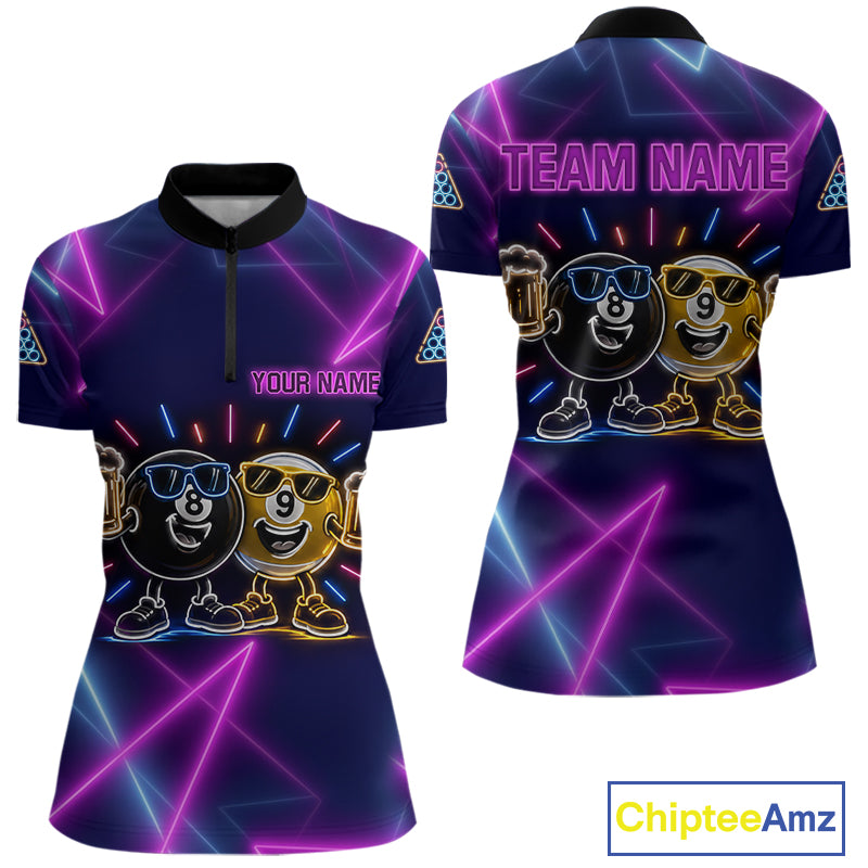 Custom Purple & Blue Neon Light Funny 8 Ball & 9 Ball Billiard Shirts For Women Billiard Team Jerseys NYN4369