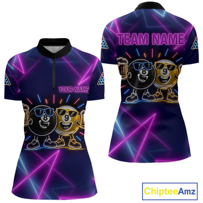 Custom Purple & Blue Neon Light Funny 8 Ball & 9 Ball Billiard Shirts For Women Billiard Team Jerseys NYN4369