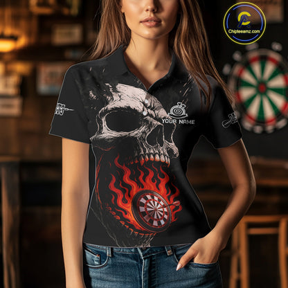 Custom Red Flames Skull Dartboard Dart Women Polo Shirt Grunge Dart Team Jerseys NYN1613