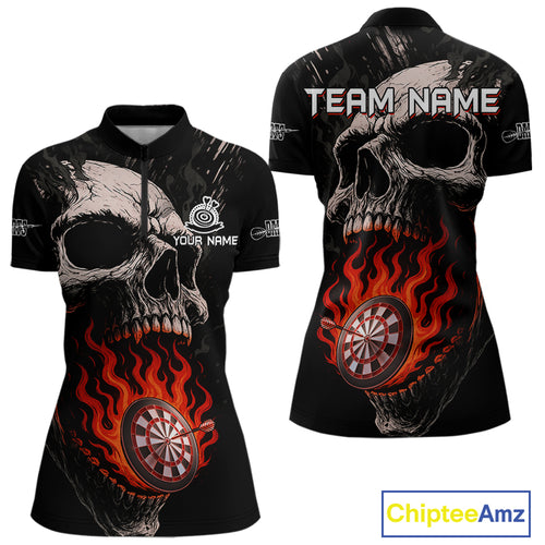 Custom Red Flames Skull Dartboard Dart Women Quarter-Zip Shirt Grunge Dart Team Jerseys NYN1613