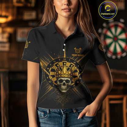 Black And Gold Crown Dartboard Skull Custom Women's Darts Polo Shirt Dart Jerseys NYN1900
