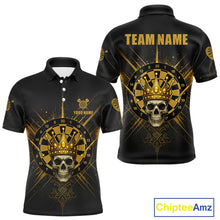 Load image into Gallery viewer, Black And Gold Crown Dartboard Skull Custom Men&#39;s Darts Polo Shirt Dart Jerseys NYN1900