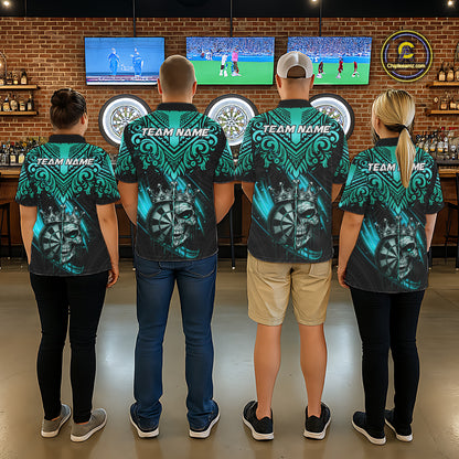 Teal Tribal Cracked Crown Skull Dartboard Women Darts Polo Shirt Custom Dart League Shirt NYN2648
