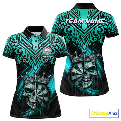 Teal Tribal Cracked Crown Skull Dartboard Women Darts Polo Shirt Custom Dart League Shirt NYN2648
