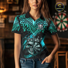 Load image into Gallery viewer, Teal Tribal Cracked Crown Skull Dartboard Women Darts Polo Shirt Custom Dart League Shirt NYN2648