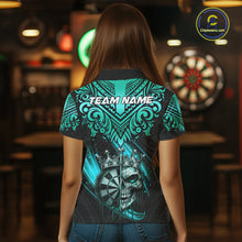 Load image into Gallery viewer, Teal Tribal Cracked Crown Skull Dartboard Women Darts Polo Shirt Custom Dart League Shirt NYN2648