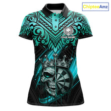 Load image into Gallery viewer, Teal Tribal Cracked Crown Skull Dartboard Women Darts Polo Shirt Custom Dart League Shirt NYN2648