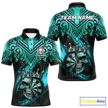 Load image into Gallery viewer, Teal Tribal Cracked Crown Skull Dartboard Men Darts Polo Shirt Custom Dart League Shirt NYN2648