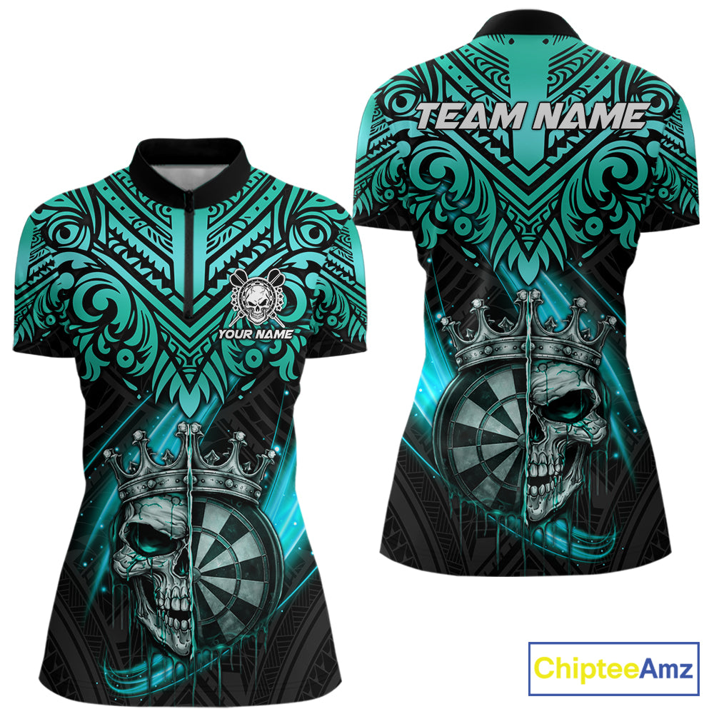 Teal Tribal Cracked Crown Skull Dartboard Women Darts 1/4-Zip Shirt Custom Dart League Shirt NYN2648