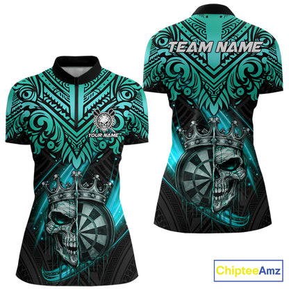 Teal Tribal Cracked Crown Skull Dartboard Women Darts 1/4-Zip Shirt Custom Dart League Shirt NYN2648