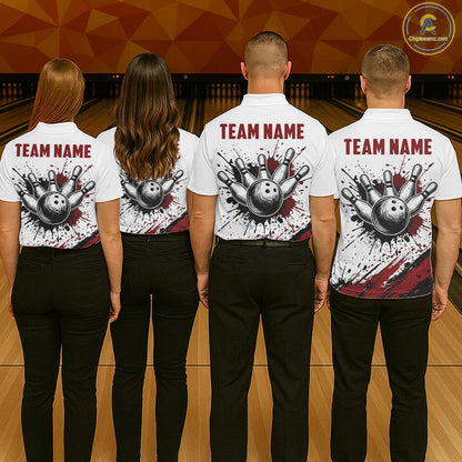 Black And Red Splatter Paint Bowling Ball & Pins Shirts Custom Team Bowling Attire For Men NYN3446