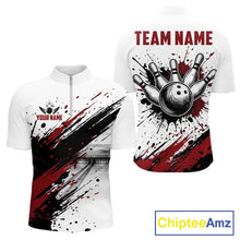 Load image into Gallery viewer, Black and red splatter paint bowling ball and pins shirt for men custom bowling attire