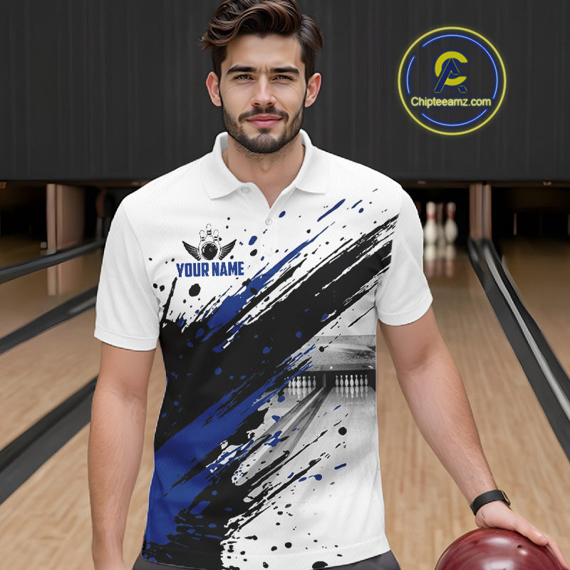 Black And Blue Splatter Paint Bowling Ball & Pins Shirts Custom Team Bowling Attire For Men NYN3447