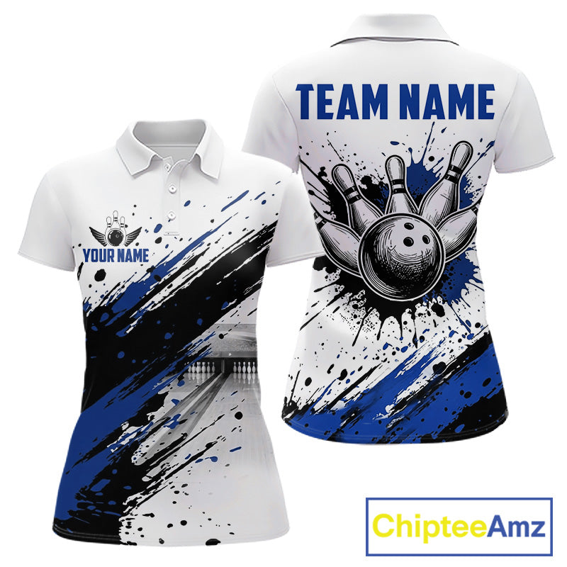 Black and blue splatter paint bowling ball and pins shirt for women custom bowling attire